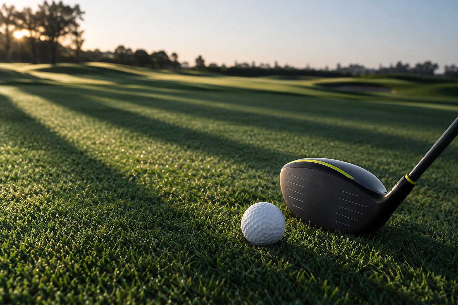 A golf ball and dark club on dew-covered grass in the early morning