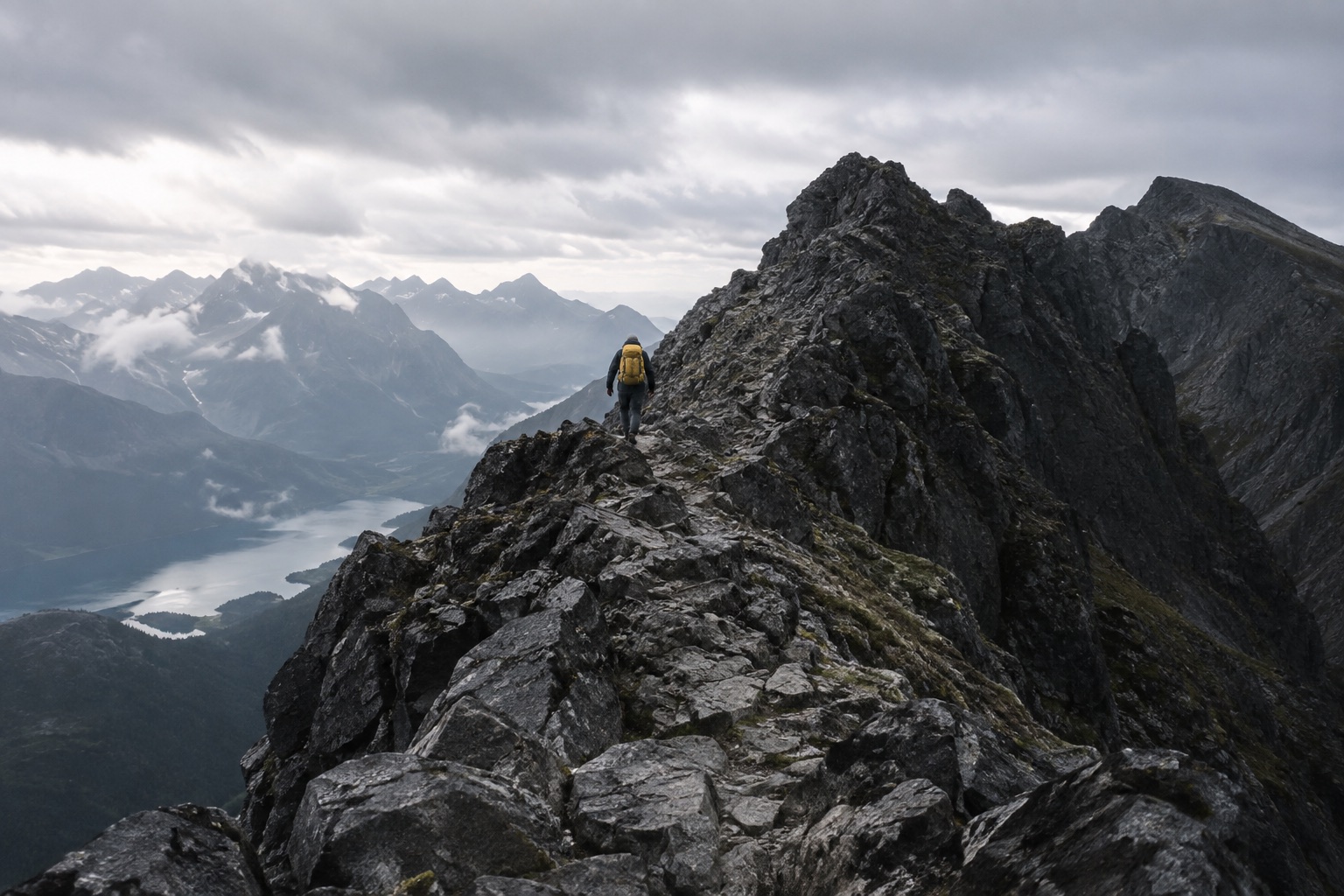 A distant hiker with a yellow backpack on a rocky mountain ridge